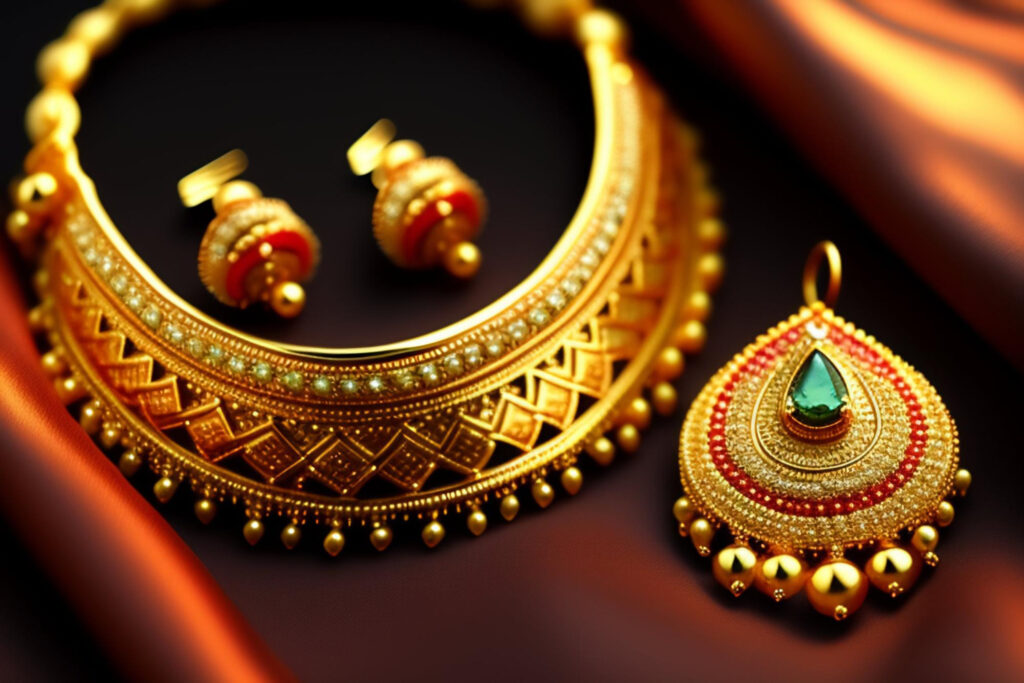 Gold jewellery set on a red cloth: A stunning collection of gold accessories displayed on a vibrant red fabric.