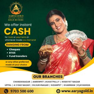 A woman holding cash and gold jewelry, showcasing Aarya Gold’s instant cash for gold service.