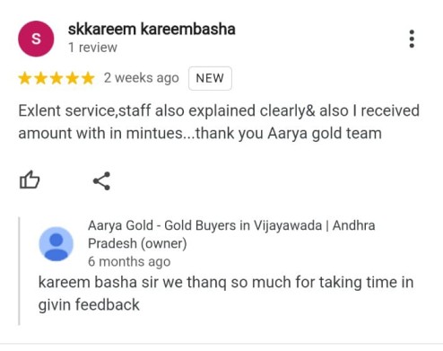 Screenshot of a positive review for Aarya Gold, a gold buyer in Vijayawada, Andhra Pradesh.
